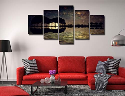 Guitar Island Moonlight Wall Decor Canvas Prints Starry Sky Picture 5 Panel Wall Art For Living Room Home Guitar Painting Landscape Poster Framed Contemporary Artwork Ready To Hang(60''Wx32''H) #TOP1