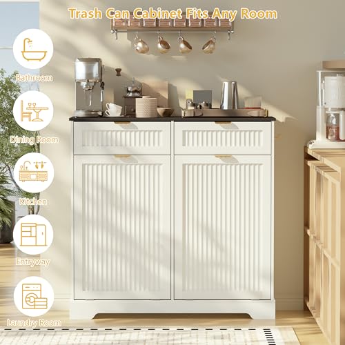 Image of Double 13 Gallon Tilt Out Trash Can Cabinet,Garbage Cabinet with Drawer | Hidden Garbage Storage with Fluted Design, Drawer & Hooks for Kitchen, Dining Room and Small Space Organization,White