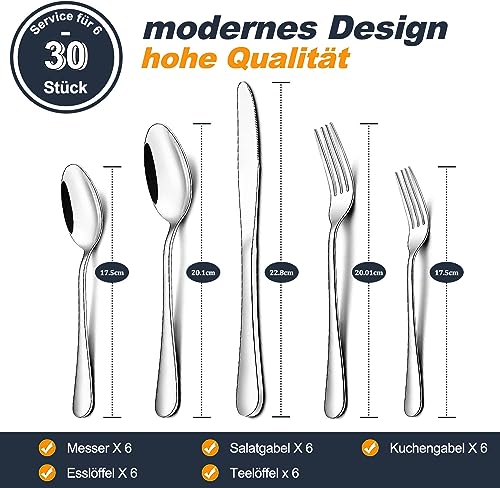 Foto von Terlulu Besteck Set, 30-teiliges Besteckset für 6 Personen mit Messer Gabel Löffel, Edelstahl Essbesteck für Familie/Party/Hotel/Restaurant, Spiegelpoliert & Spülmaschinenfest