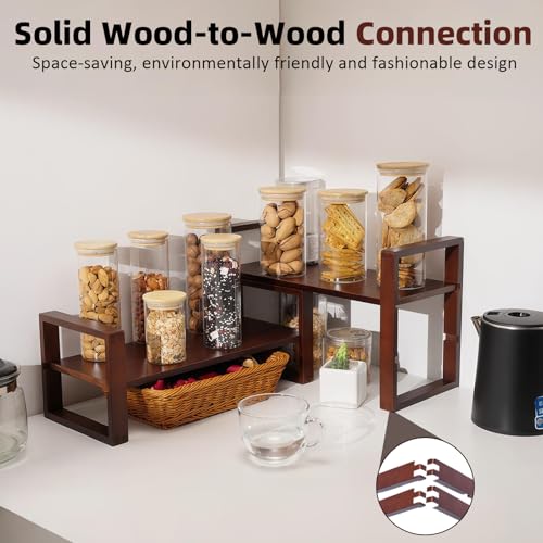 Image of Desk Shelf, 100% Solid Wood Adjustable Desktop Bookshelf, No Tools, Nails or Glue Required for 130lb Load Capacity for Living Room, Office, Books, Cookbooks, Interlocking Joints Walnut Colour