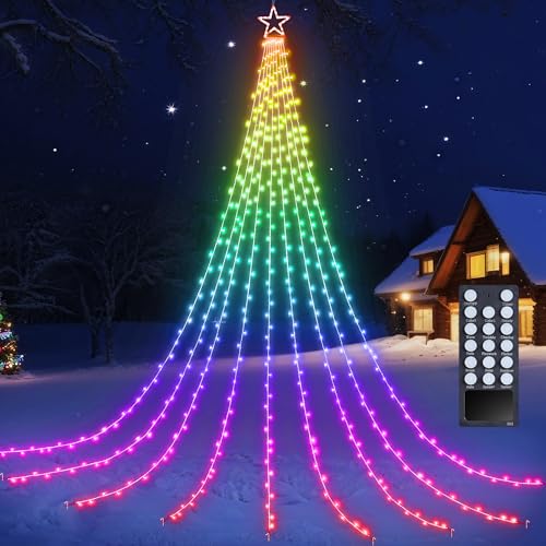 Flacchi Christmas Lights Outdoor with ‎Remote -16.4Ft Waterfall Tree Decoration Lights RGB Star String Lights for Tree Yard Exterior Wall Housetop Window Holiday Decor (RGB, 16.4FT)