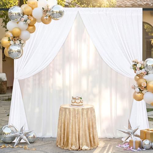 Image of White Sequin Backdrop Curtains-1 Panel 5FTx8FT White Backdrop for Wedding, Glitter Party Decorations Background Drapes for Birthday Party Anniversary Graduation Photo Booth Decor