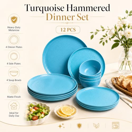Image of Market99 Heavy-Duty Turquoise Hammered Melamine Dinner Set - 12 Pcs | Includes 4 Dinner Plates, 4 Side Plates & 4 Soup Bowls | Matte Finish Tableware for Daily Use, Kitchen & Dining Decor