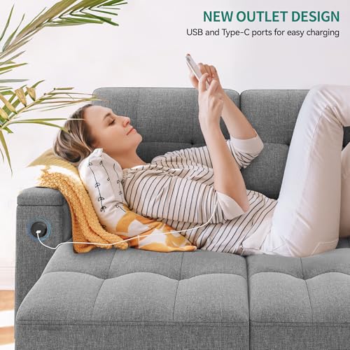 DWVO L-Shaped Sectional Sofa with USB & Chaise, 4-seat Fabric Convertible Couch Bed w/Pull Out Bed & Storage, Reversible Sleeper Sofa for Living Room, Light Gray