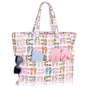 Iioscre Beach Bag for Women, Large Beach Tote Bag with Zipper Pockets, Waterproof Sandproof Swim Bag Pool Vacation Travel