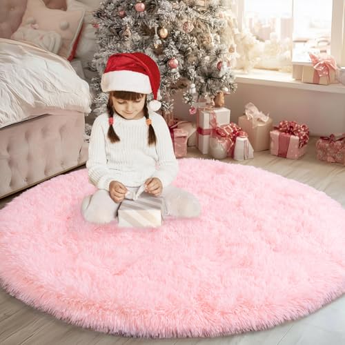 Round Fluffy Pink Rug for Bedroom, 7Ft Large Fuzzy Shag Circle Area Rug for Girls Kids Room Nursery, Soft Non Slip Plush Carpet for Dorm Living Room Home Decor