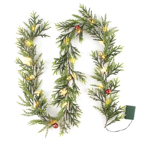 MINDELF 6 FT Artificial Christmas Garland, Faux Gold Spruce Garland with 20 LED Lights, Red Gold Ball Ornaments and Stars, Lighted with Timer, Perfect for Christmas Indoor Outdoor Decoration