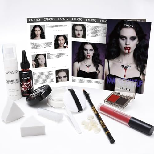 CAHOTO Halloween Vampire SFX Makeup Kit, Complete Makeup Set Include White Liquid Foundation, Vampire Teeth Fangs, Fake Blood, Setting Powder, Eyeshadow & Black Lipstick for Cosplay, Carnival