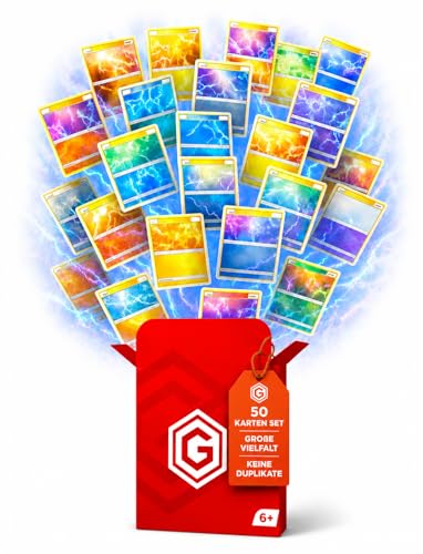 Sammelkarten Set Deutsch 50 Verschiedene Karten mit Holo und Reverse Holo Karten ohne Duplikate inkl. Sammelbox kompatibel mit Pokemon Karten
