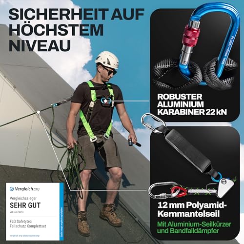 FLG Safetytec Fallschutz Komplettset - 2-Punkt Auffanggurt mit 10m Verbindungsmittel und 2m Bandschlinge für maximale Sicherheit bei Höhenarbeiten gem. EN353 / 361/795