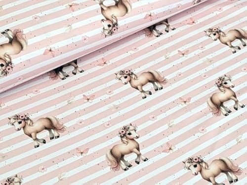 Eigenproduktion Bio Baumwolljersey Blumenpony auf Streifen Schmetterling Hellrosa Meterware Kleiderstoff Kinderstoff