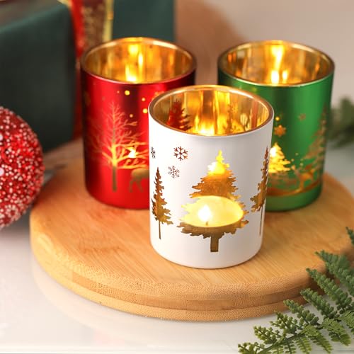 Joeyan Glass Candle Jar Set,Green Red White Cylinder Candle Holders,Christmas Tealight Votive Candlestick Holders with Gold Reindeer Snow Tree Pattern,Gift for Table Centerpiece Party,6.5 oz,Set of 3