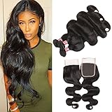 Allove Hair Brazilian Body Wave 3bundles With 4x4 Lace Closure Free Part Unprocessed Human Hair Body Wave Bundles Natural Color(18 20 22+16inch)