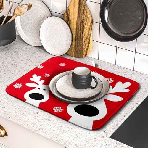Lvhompro Xmas Dish Drying Mat for Kitchen Counter Cute Reindeer Holiday Snowflake Microfiber Absorbent Dish Draining Reusable Washable Foldable 16"x18" by Lvhompro - Image 5