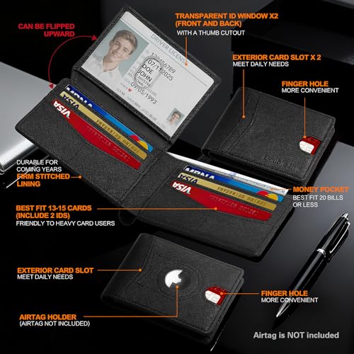 Image of Wallet for Men Slim RFID Blocking Bifold Carbon Fiber,Minimalist Small Compact Front Pocket Credit Card Holder,Thin Mens Leather Wallets Smart Security With 2 ID windows 1 Cash (Cross Black)