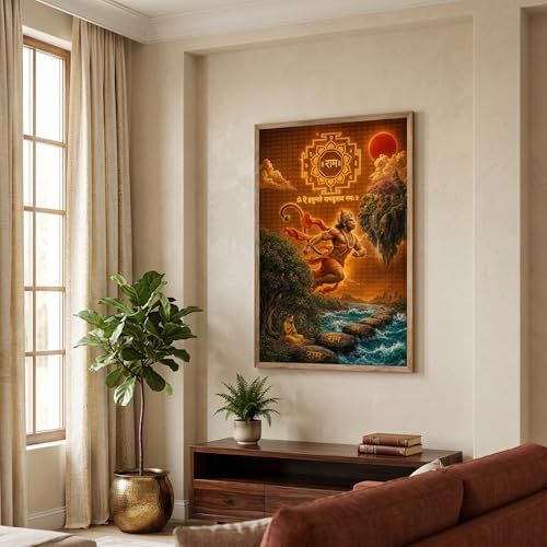 Image of Livin'luxe Hanuman Ram Yantra Wall Painting for Living Room Bedroom Pooja Room Decor with Premium Wooden Color Synthetic Frame, Spiritual Hindu Art Gift (13.5 x 19.5) NM01-4091