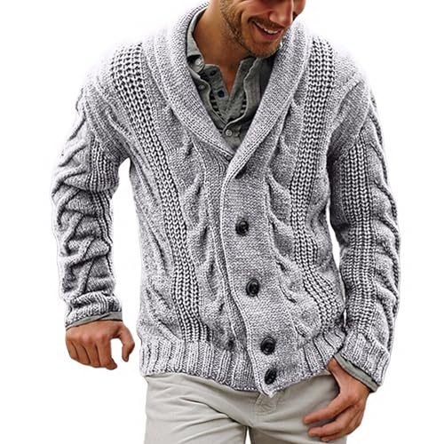 Mens Shawl Collar Cable Knit Cardigan Sweater Button Down Long Sleeve Chunky and Stylish Soft and Warm for Casual