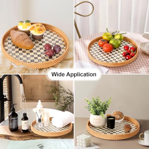 Tynulox Round Rattan Tray with Mother of Pearl Inlay, Rattan Serving Tray for Coffee, Bread, Fruits, Decorative Wicker Tray for Table Decor, Home Decor, Kitchen Island Decor(Black Checkerboard, 11.8\")