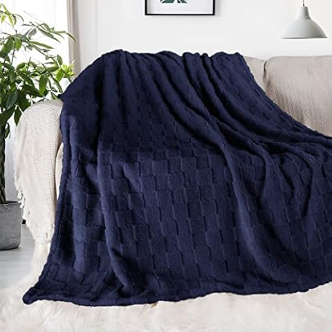 BOPRIO Throw Blanket Fuzzy Plaid Blanket for Sofa Couch or Bed, Queen Size 330GSM Luxury Fleece Soft Warm Blanket for All Seasons, 60 x 90 Inch Navy Cover