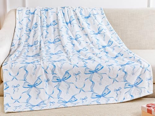 Buryeah Blue Bow Throw Blanket Preppy Blanket Babyblue 50' x 60' Flannel Soft Cute Bow Decor Lightweight Aesthetic Plush Room Decor for Sofa Couch Travel Bed Christmas Halloween Decoration