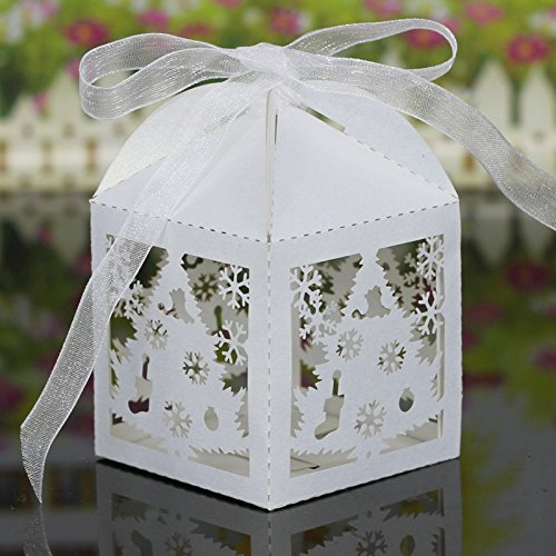 Krismile 50Pcs Merry Christmas Laser Cut Snowflake Favor Box,Wedding Candy Box In Pearlescent Paper,Party Show Candy Box (Ivory) #TOP1