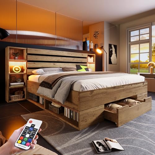 Zepneiy Lit 160x200 avec sommier et éclairage LED, Lit Coffre 160x200 avec tête de et tiroirs...