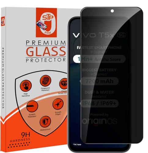 Image of STP FEEL Premium Grade Privacy Tempered Glass Screen Protector Guard Compatible For Vivo T5X 5G (6.76 Inch, Pack of 1) Full Edge to Edge Coverage Anti-Spy /Anti-Peeping 9H Hardness