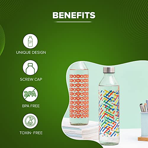 Image of SAND DUNE Set of 6, 800 ml Each Colored Sticks Printed Glass water bottle, with Leak-Proof Airtight Stainless-Steel Lid for Water, Smoothie, Juices - Reusable Travel Glass Drinking Fridge Bottles