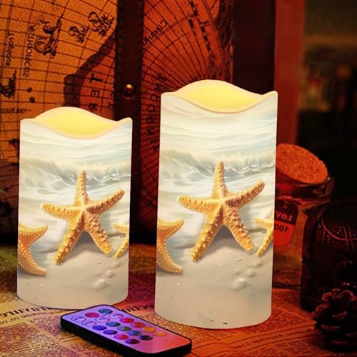 Image of Starfish Beach Flameless Candles with Remote Flickering Led Candles with Timer Set of 4 Electric Pillar Candles Battery Operated Fake Candles for Kitchen Room Home Decor