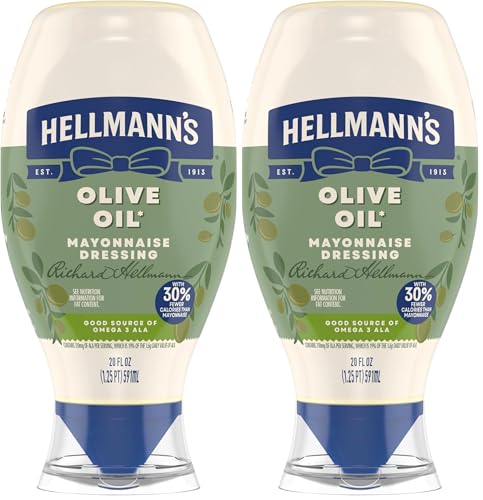 Hellmann's Mayonnaise Dressing with Olive Oil Squeeze Bottle Condiment for Simple Meals and Sandwiches Rich in Omega-3 ALA 20 oz (Pack of 2)