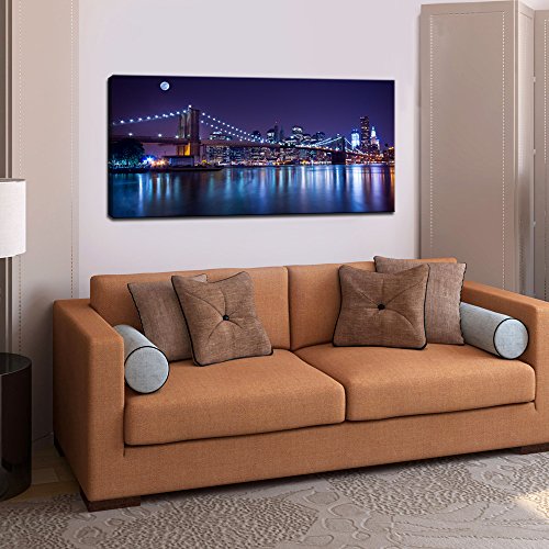 Sechars - Brooklyn Bridge Canvas Wall Art Large Size 24"X48" Modern New York City Canvas Print Manhattan Skyline With Full Moon Giclee Wall Art For Home Office Wall Decor Framed And Ready To Hang #TOP3