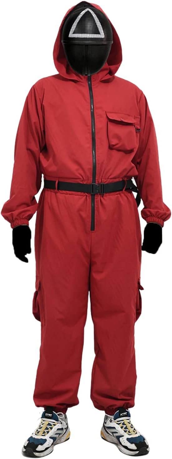 Squid Game Costume Jumpsuit with Belt+Gloves+Masks Squid Game Cosplay Squid Guard Zipper Full Body One Piece Suit