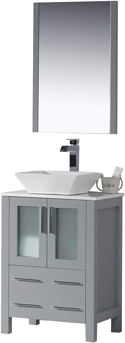 Blossom 24" Metal Grey Bathroom Vanity Set with Ceramic Vessel Sink & Mirror, Solid Wood Freestanding Cabinet, Designer Single Sink Vanity, Soft-Close Drawers, Modern Industrial Style Storage