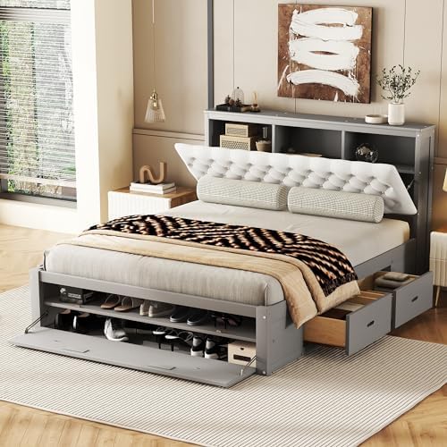 Merax Queen Size Boucle Platform Bed With Thick Headboard And Footboard, Block Style Upholstery Grounded Bed Frame, White
