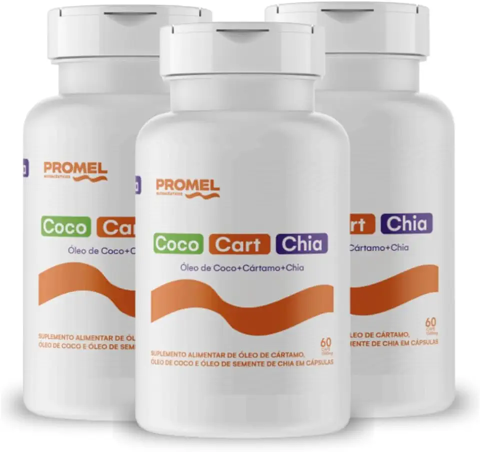 Kit Com 3 - Óleo de Coco + Óleo de Cartamo + Óleo de Chia (Ômega 3, 6 e 9) 60 Caps de 1000mg Promel