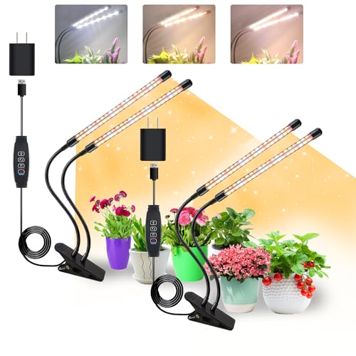 COKOLILA 2 piezas Lámpara de cultivo, 320 LEDs luz de espectro completo, 3000 K 5000 K 660 nm para plantas de interior con temporizador, 10 brillo, 3 modos, mejor para plantas pequeñas (Con adaptador)
