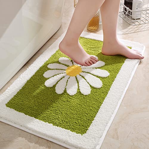 Dorruger Bathroom Rugs Mat, White Flower Bath Rugs Fluffy Soft Superfine Fiber Rugs Non Slip Bath Mat Machine Wash Plush Mats, Bathroom Rug For Bathroom Shower Room (16"×24", Green) #TOP5