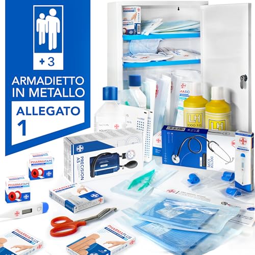 AIESI® Armadietto di pronto soccorso in metallo con ALLEGATO 1 per aziende più 3 dipendenti, Conforme DM388/DL81, Made in Italy