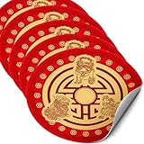 Feng Shui Amulet Sticker with 3 Celestial Guardians Protection Shield, Featuring Pi Yao, Chi Lin and Fu Dog, Feng Shui Symbol of Protection, Set of 5 Pieces Decorative Stickers, 4.3 Inch Diameter