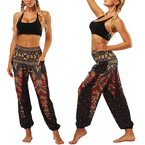 Nuofengkudu Hippiebroek voor dames, harembroek, boho, patroon, gesmokte taille met zakken, vrijetijdsbroek, zomerbroek, yogabroek - Image 5
