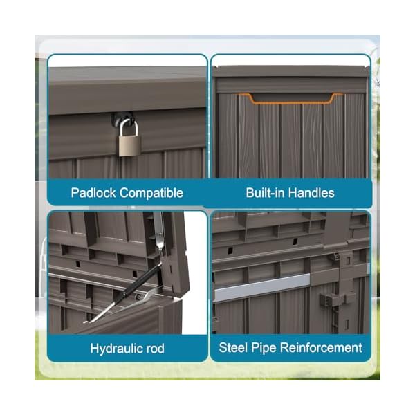 180 gallon large resin deck box outdoor lockable storage box with divider for patio cushions storage furniture pool supplies garden tools weatherproof and uv resistant light brown  urban country home decor