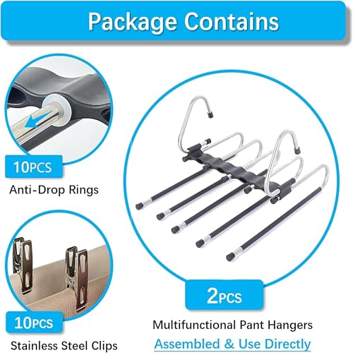 Image of (2-Pack) Multipurpose 5 in 1 Hangers for Pant, Stainless Steel Fordable Hangers for All Types of Clothes, Multilayer Pant Hanger for Wardrobe, Multipurpose Hanger Organizer for Home (Black)