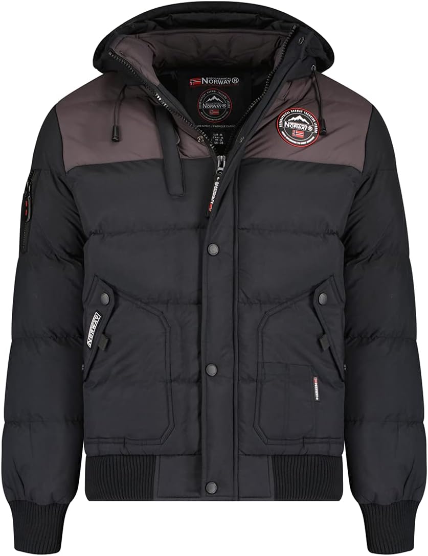 Geographical Norway Valon & Vance Men's Winter Jacket Coat Quilted Jacket Heat Insulating Breathable Removable Hood - Black - Small