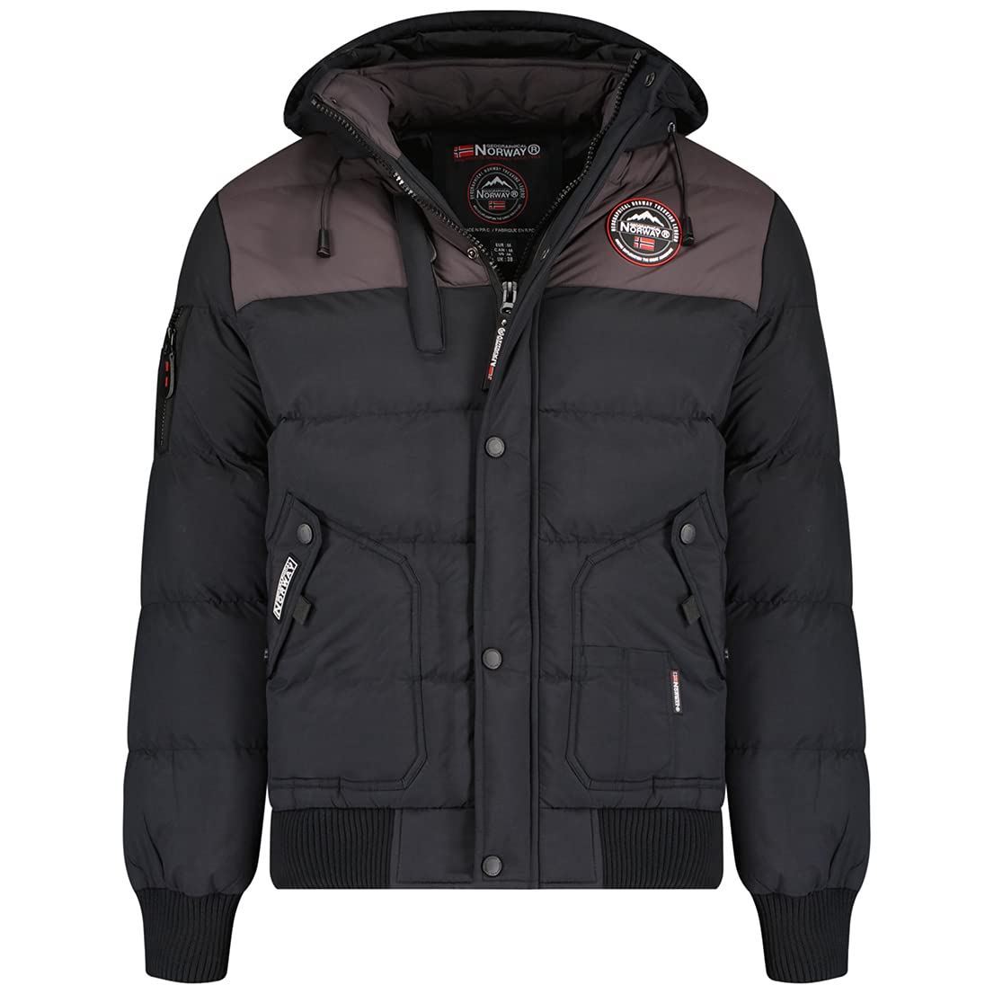 Geographical Norway Valon & Vance Men's Winter Jacket Coat Quilted Jacket Heat Insulating Breathable Removable Hood - Black - Small