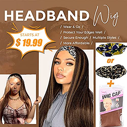 Headband Wig for Women Black/Brown Long Straight Headband Wig Premium Synthetic Headband Wig Natural Glueless None Lace Front Wigs with Headbands & Wig Caps (22 Inch Black/Brown) - Thumbnail 2