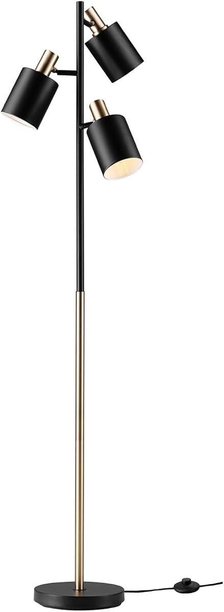 x Novogratz 67354 Lámpara de pie de árbol de 3 ", negro mate, detalles de latón, cabezales giratorios ajustables, luz de pie moderna para sala de estar u oficina, base E26, industrial de lujo
