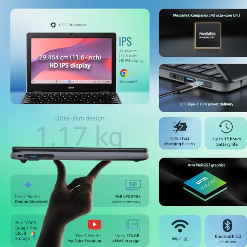 Image of Acer Chromebook, MediaTek Kompanio 540 Octa-Core Processor, 4GB RAM, 64GB eMMC, Full HD, 11.6 inch inch Display, Chrome OS, Black, 1.2 KG, C725, Arm Mali G57 Graphics, WiFi 6E Laptop