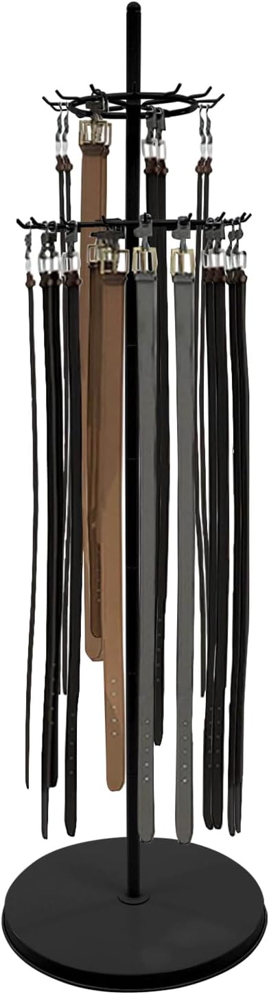 Floor Mounted Belt Rack Double Tier Retail Belt Display Rack 31 Hooks Ties Hanger Organizer Purse Shelf for Clothing Retail/Home(Black)