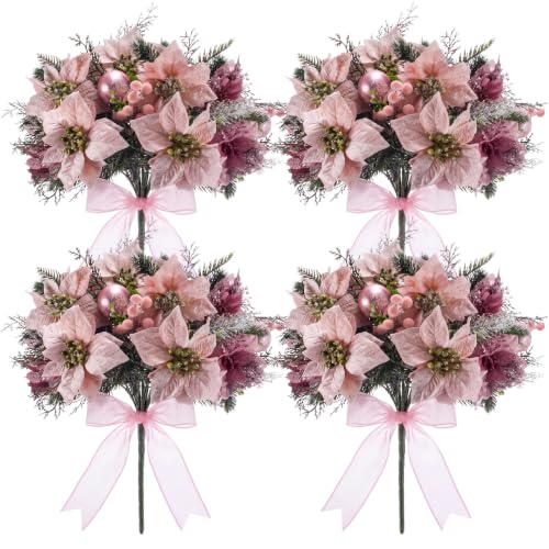 Giegxin 4 Pack Faux Velvet Poinsettia Berry Xmas Bush, Pink, Classic