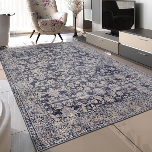 TALETA Teppich Wohnzimmer, waschbar, weicher Kurzflor Teppich für Wohnzimmer, Schlafzimmer - Navy blau, Groß: 120 x 170 cm TALETA Teppich Wohnzimmer, waschbar, weicher Kurzflor Teppich für Wohnzimmer, Schlafzimmer - Navy blau, Groß: 120 x 170 cm